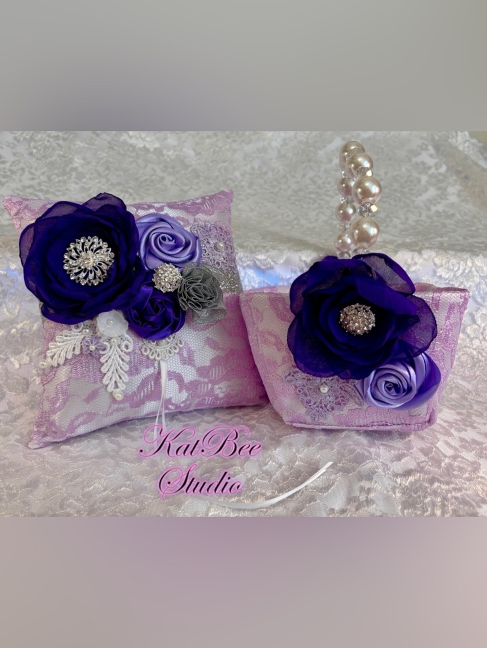 💜 Purple Lavender and Silver Ring Pillow and Flower Basket Set
